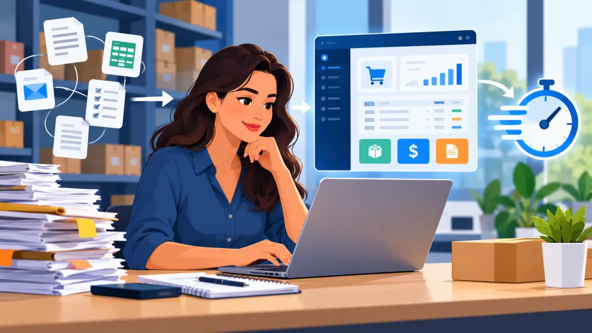 Mulher trabalhando em escritório com notebook, enquanto gráficos e ícones de e-mail, documentos e relógio indicam organização e produtividade no gerenciamento de tarefas