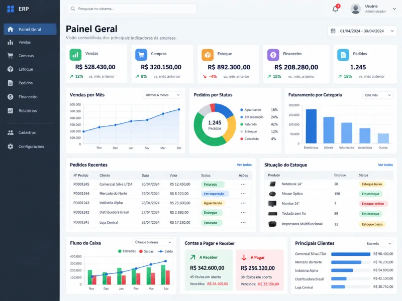 Um diagrama comparativo mostrando um sistema ERP (com múltiplos módulos interconectados) e um sistema CRM (com foco em clientes), em um fundo azul claro.