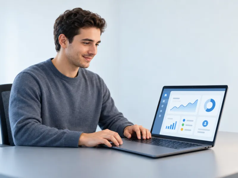 Uma pessoa pensativa sentada em uma mesa com um laptop aberto e várias opções de aplicativos de software exibidas.