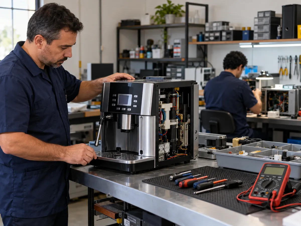 Responsável pela oficina conferindo um equipamento já reparado