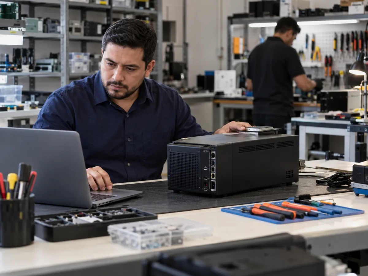 Um responsável administrativo confere um equipamento eletrônico