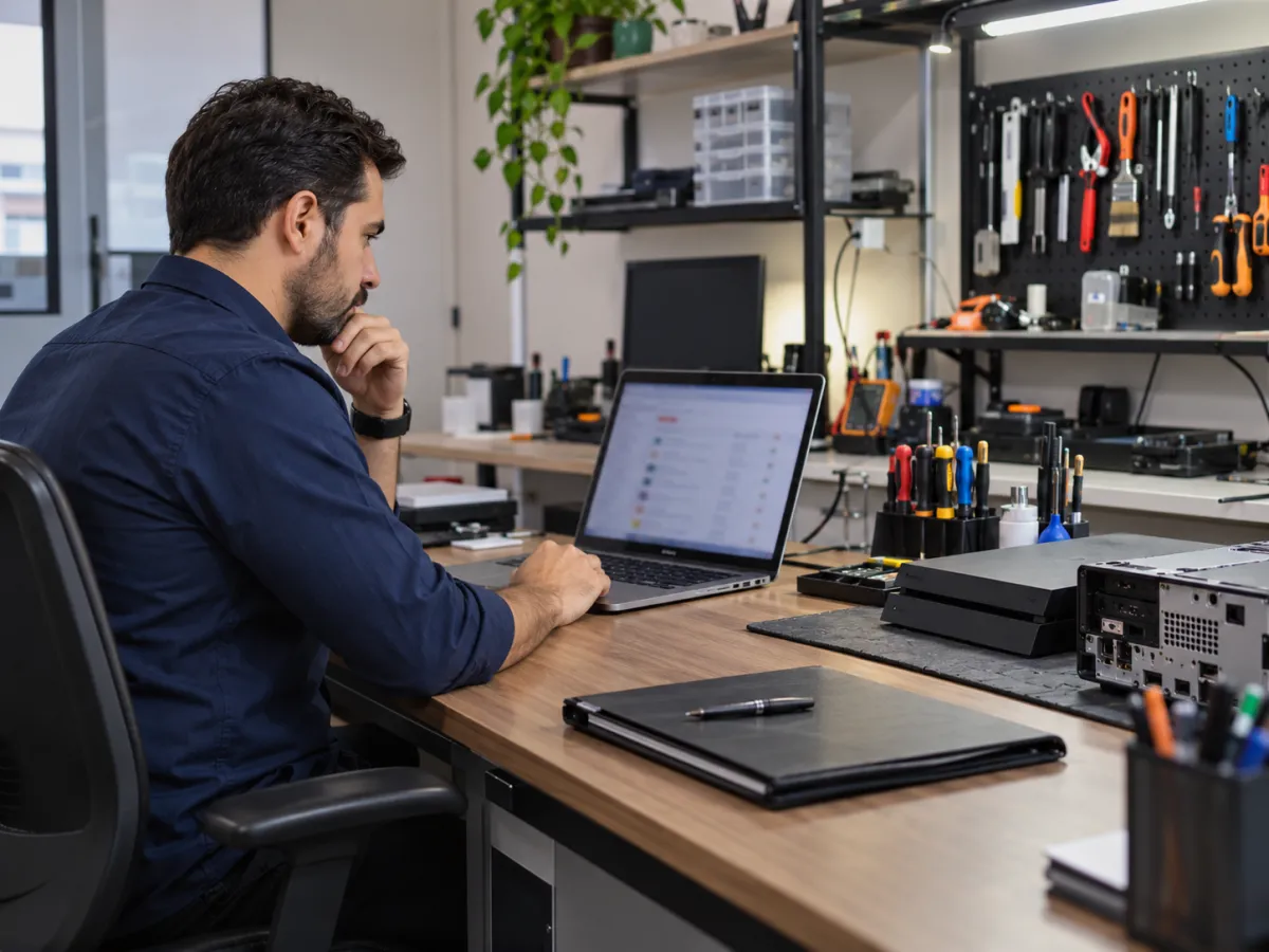 Um responsável pela assistência técnica confere o andamento dos atendimentos em um notebook