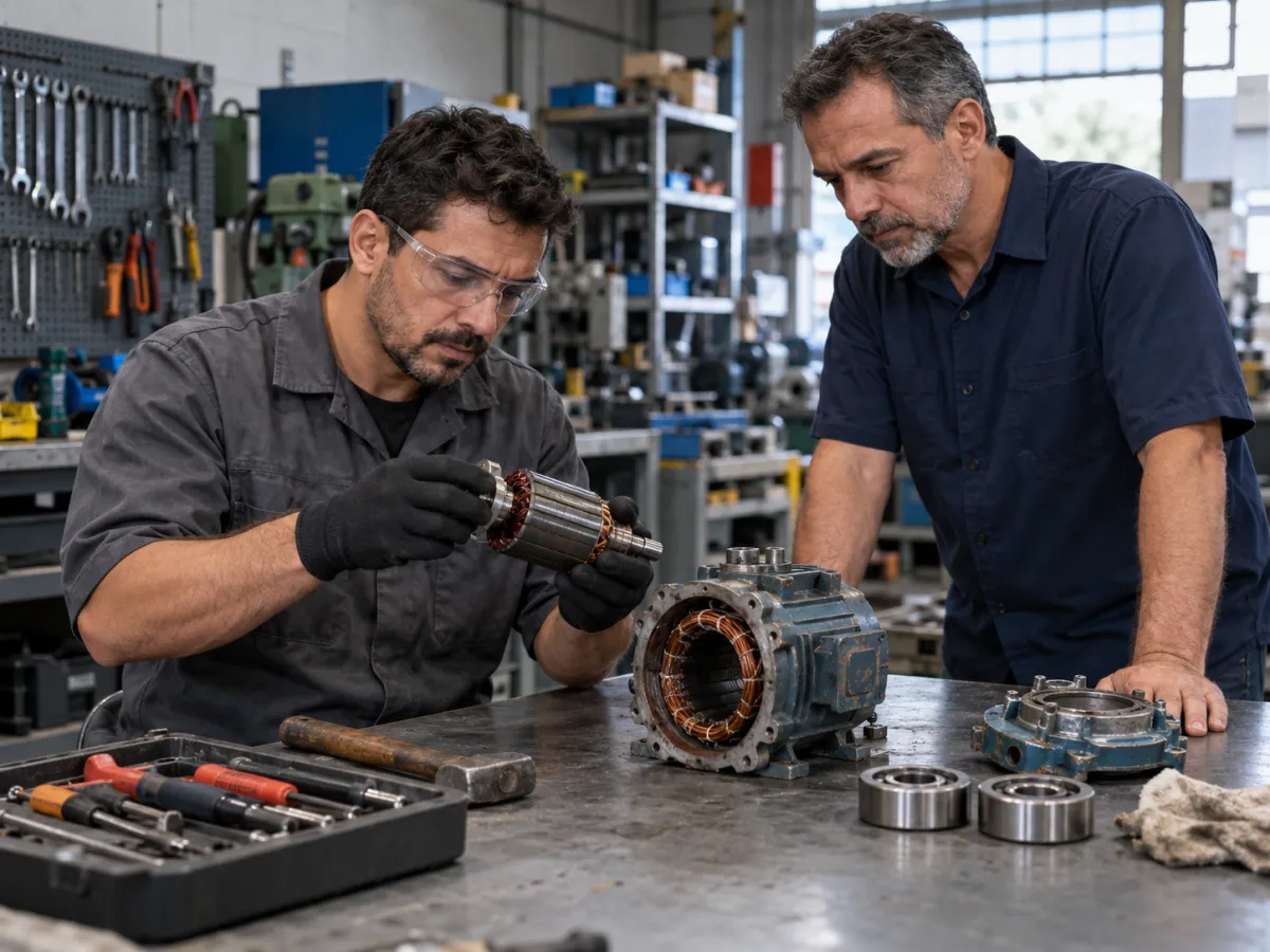 Um técnico analisa um componente mecânico de um equipamento comercial em manutenção