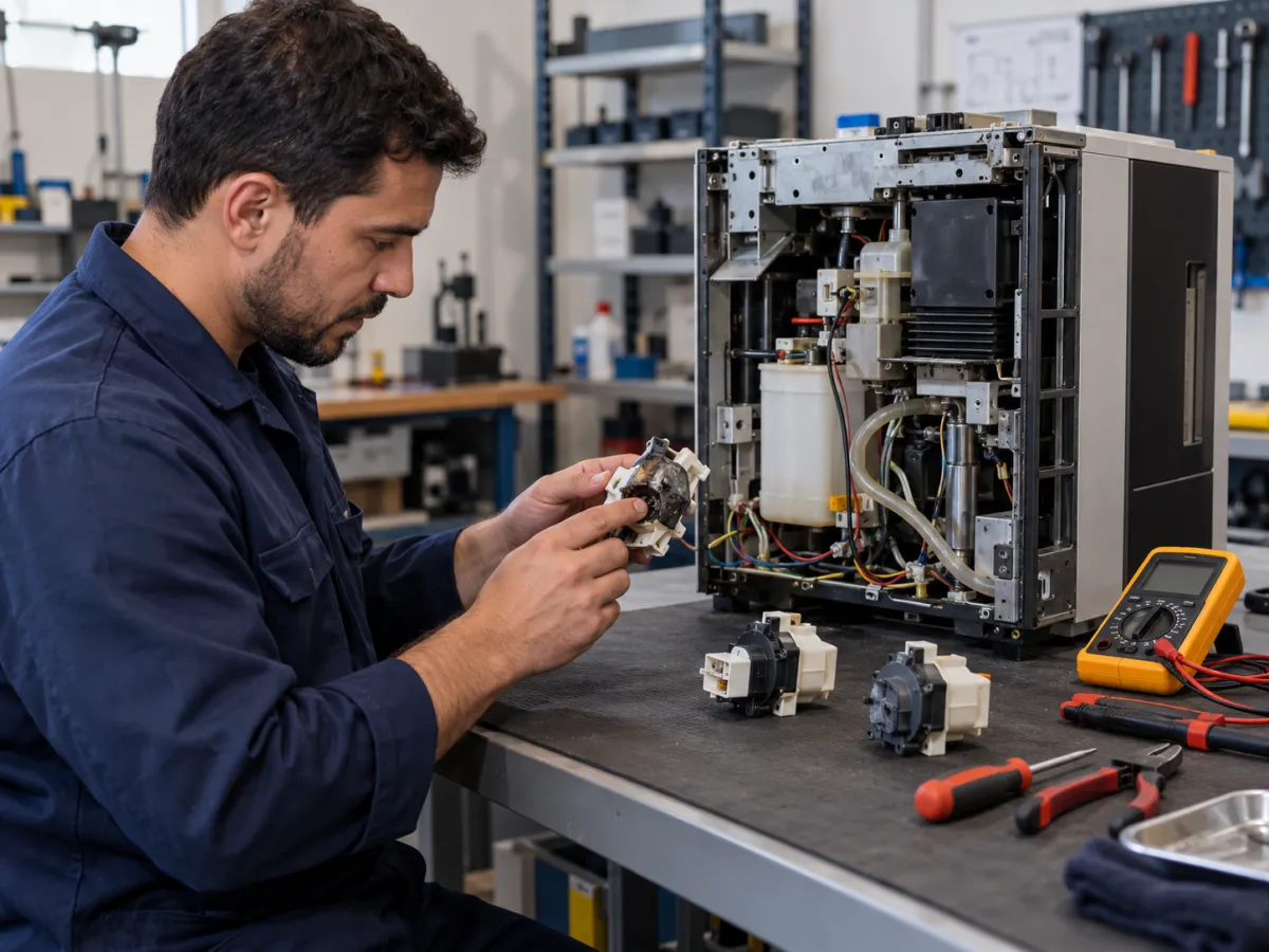 Técnico de manutenção identificando um componente danificado