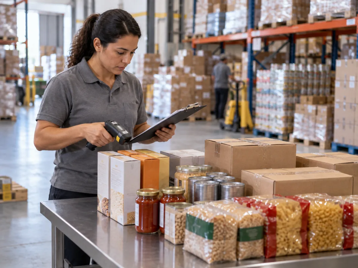 Funcionária conferindo alimentos separados sobre a bancada