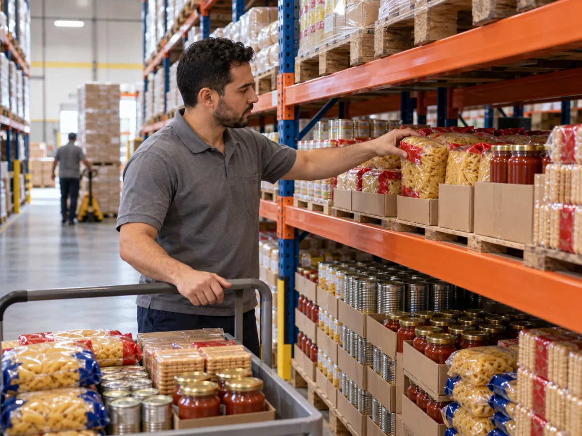 Funcionário organizando os alimentos nas prateleiras