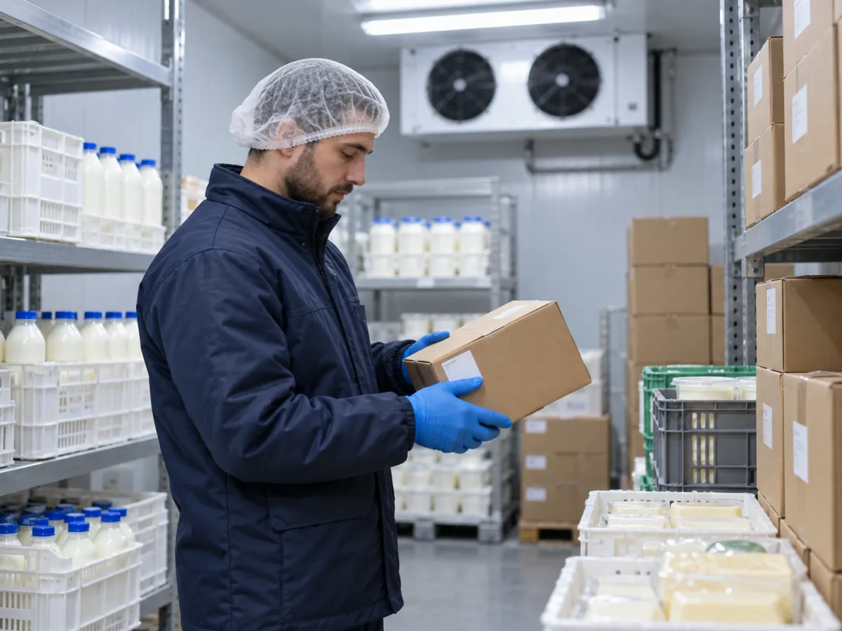 Funcionário conferindo mercadorias na câmara fria