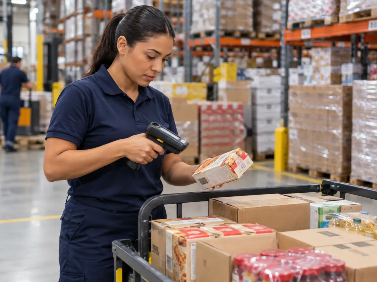 Funcionária conferindo produtos com leitor de código de barras