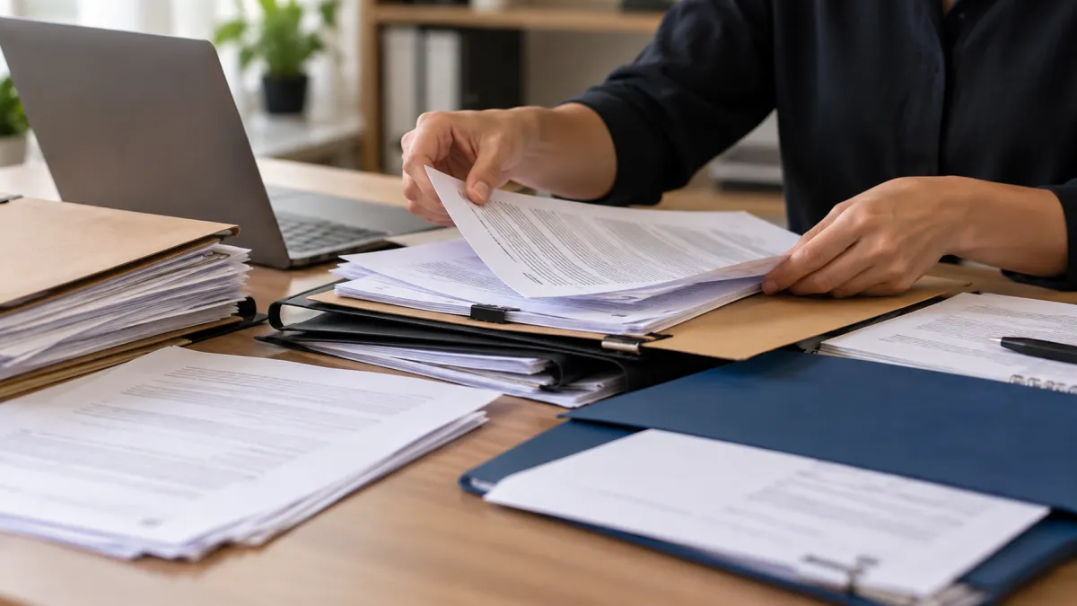 Pessoa em ambiente de escritório revisa e organiza documentos e papéis com formulários impressos sobre uma mesa, enquanto separa arquivos para conferência.