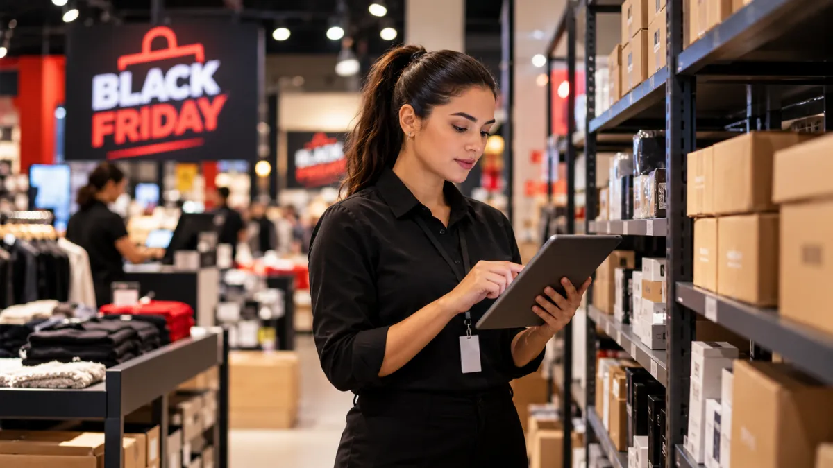 Funcionária utiliza tablet para conferir o estoque de mercadorias em uma loja durante a Black Friday.