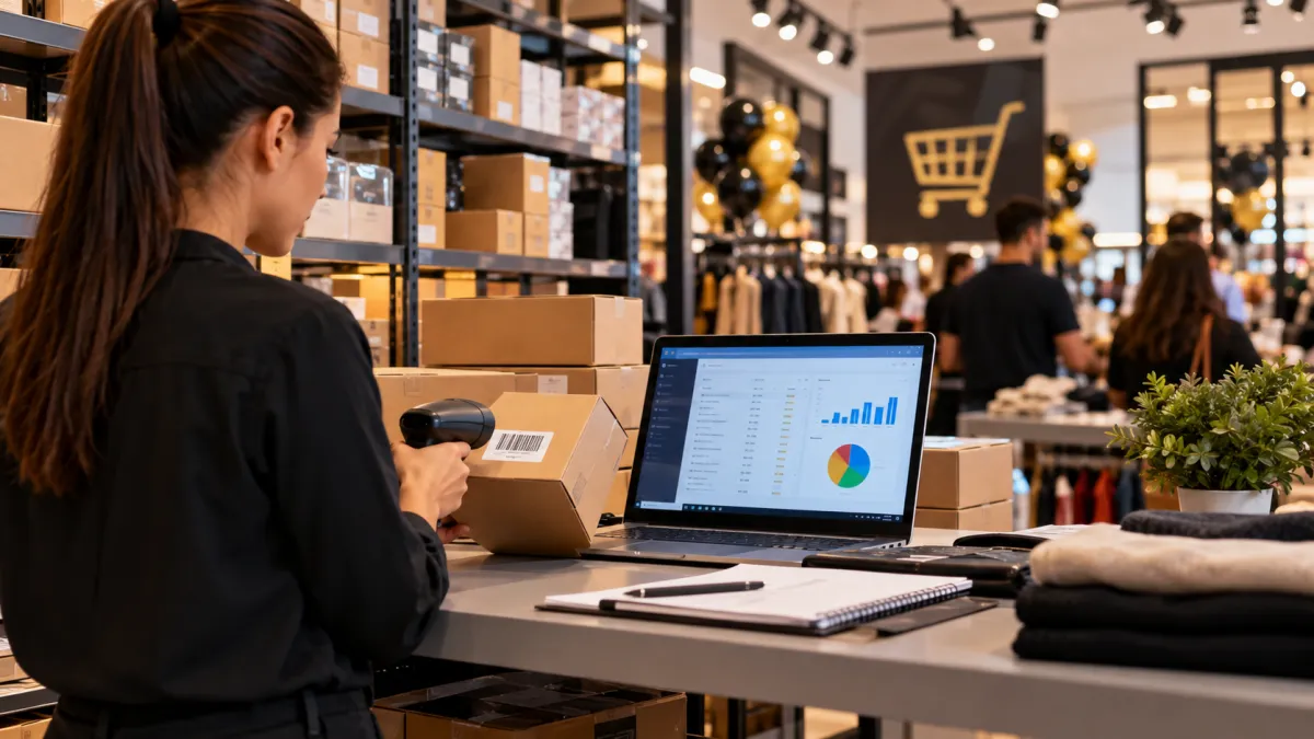 Funcionária utiliza leitor de código de barras para conferir caixas de mercadorias e atualizar o controle de estoque.