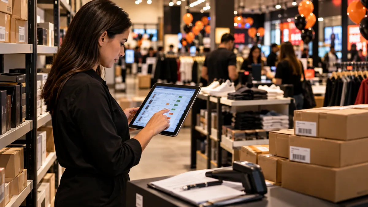 Funcionária acompanha informações de produtos e disponibilidade de estoque em tablet durante a movimentação da loja.
