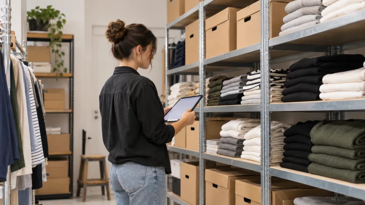 Funcionária conferindo mercadorias com tablet em estoque de loja de roupas organizado.