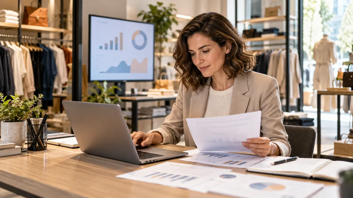 Gestora de loja analisando relatórios de vendas e desempenho financeiro em notebook.