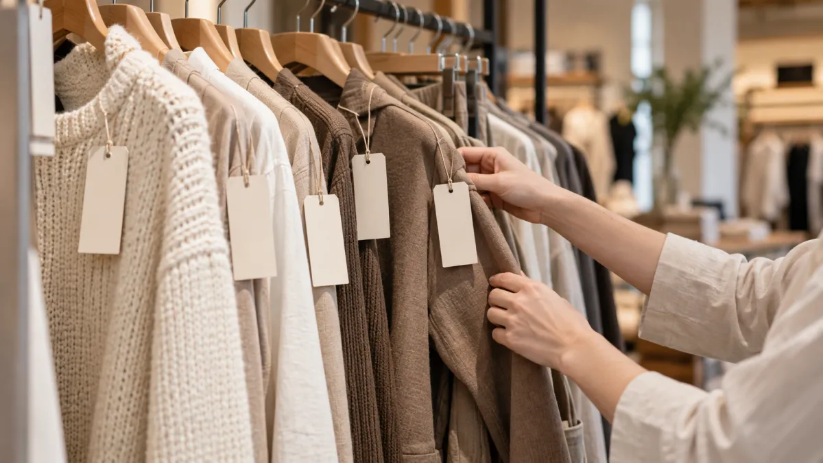 Roupas organizadas em arara com etiquetas para conferência de preços e promoções.