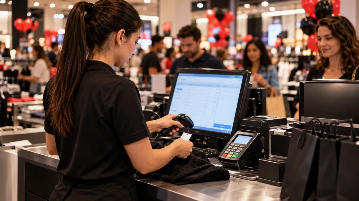 Funcionária utilizando sistema PDV para registrar produtos e controlar vendas.
