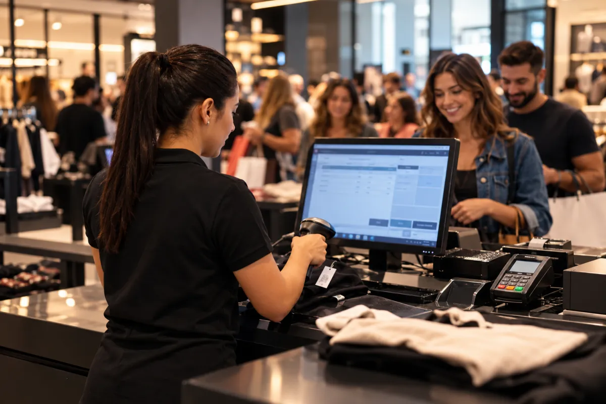 Clientes aguardando atendimento em loja de roupas movimentada.