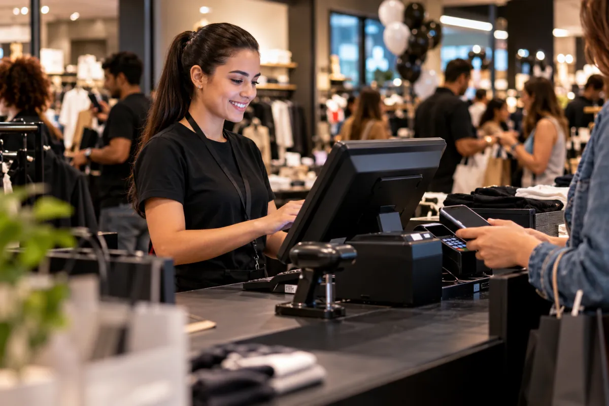 Cliente utilizando celular próximo a terminal de pagamento em loja.