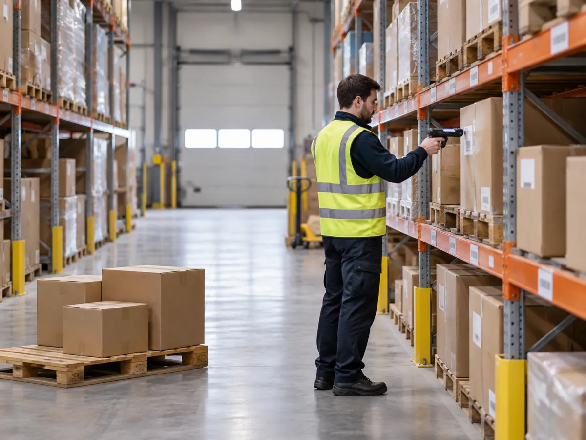 colaborador empurrando um carrinho baixo ou movimentando um pallet com algumas caixas já separadas enquanto passa por um corredor organizado do depósito.