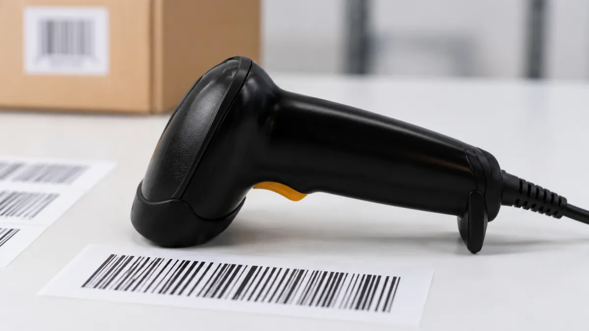 Leitor de código de barras com fio apontado para etiquetas de remessa em uma mesa com caixas de papelão ao fundo, em ambiente de logística e estoque.