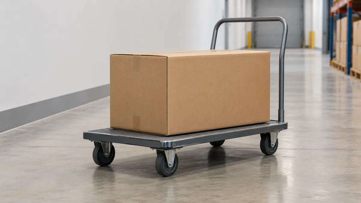 Caixa de papelão marrom em um carrinho de transporte com rodízios em um corredor de armazém, ideal para logística e movimentação de carga