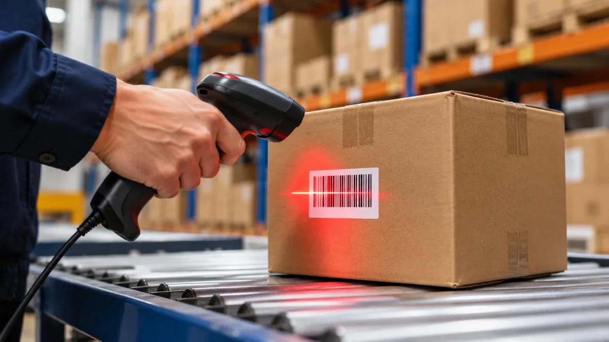Funcionário usando um leitor de código de barras portátil para registrar uma etiqueta em uma caixa de papelão em um centro de armazenagem, com prateleiras ao fundo.