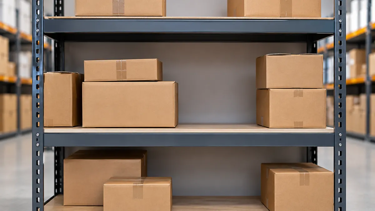 Estoque com prateleiras metálicas e várias caixas de papelão empilhadas, em um ambiente de armazém para logística e armazenamento de produtos.