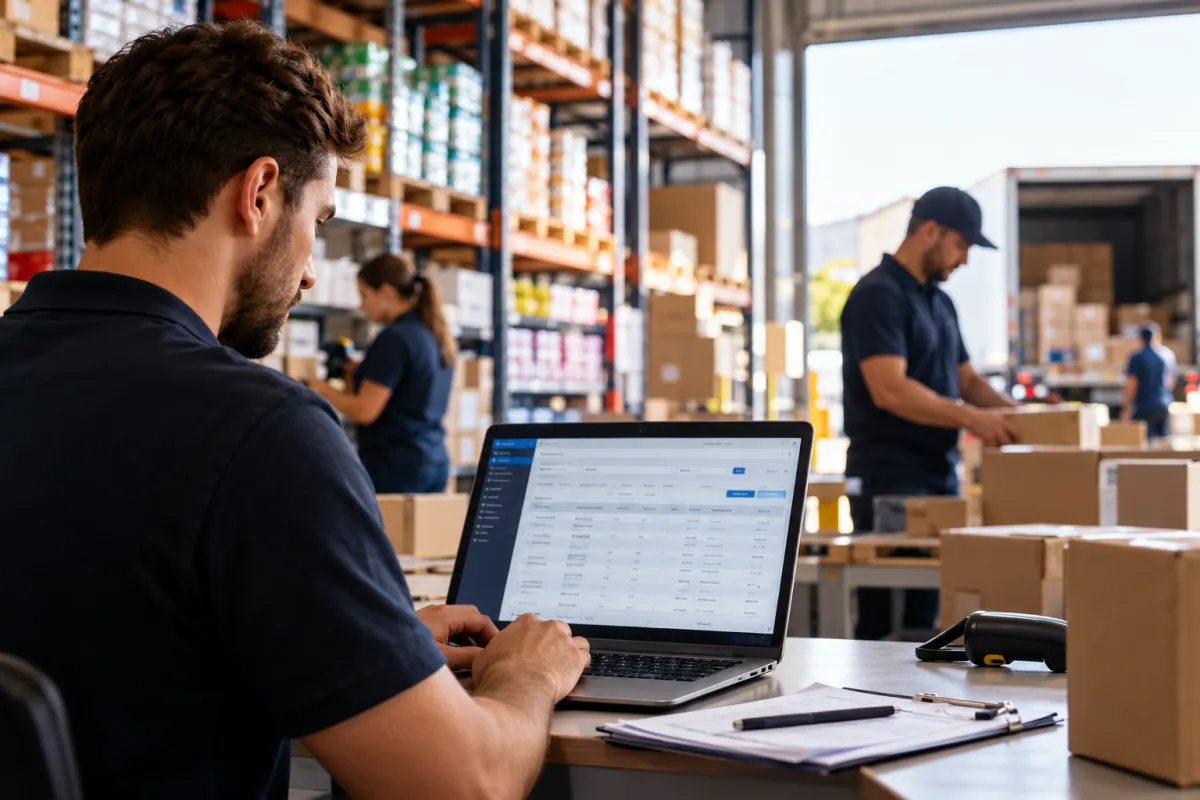 Profissional registrando e organizando pedidos de clientes em um depósito atacadista.