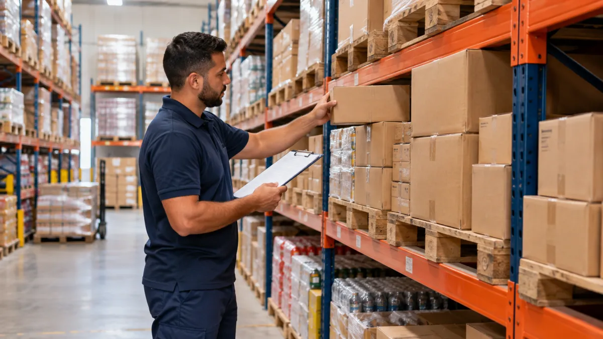 Funcionário conferindo caixas e mercadorias nas prateleiras de um estoque atacadista.