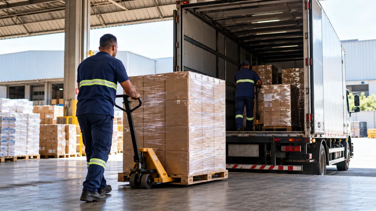 Funcionários organizando caixas e carregando mercadorias em caminhão de distribuição.