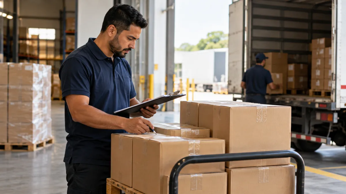 Funcionário conferindo caixas de mercadorias na área de expedição de uma distribuidora.