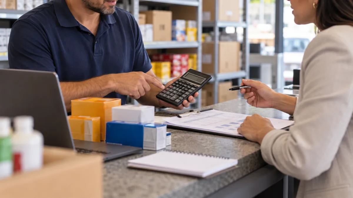 Profissionais conferindo cálculos e documentos para definir preços de produtos no atacado.