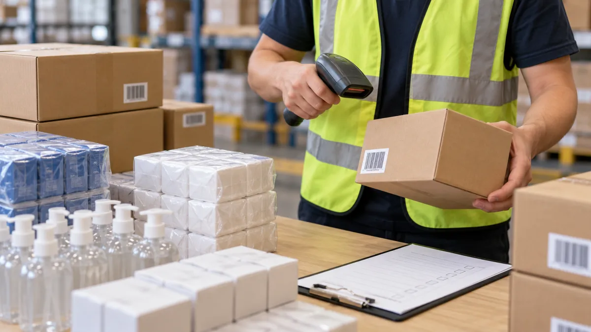 Funcionário de distribuidora conferindo caixa de mercadorias com leitor de código de barras.