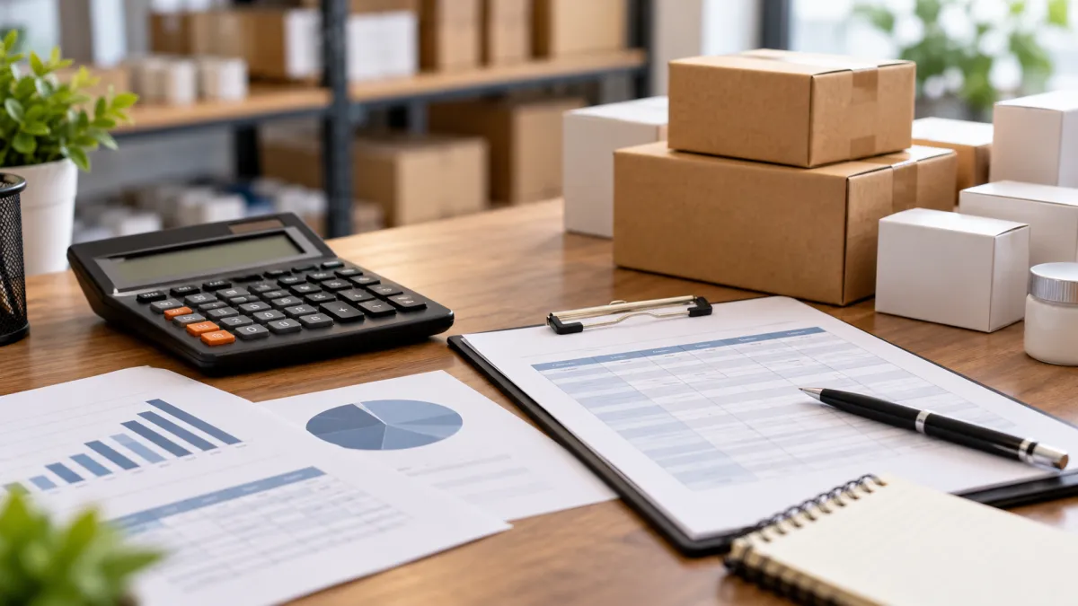 Calculadora e relatórios financeiros utilizados na análise de vendas e rentabilidade de produtos no atacado.