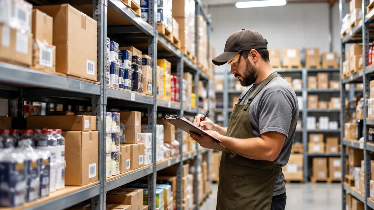 Colaborador separando mercadorias em estoque organizado para atender pedidos da Black Friday