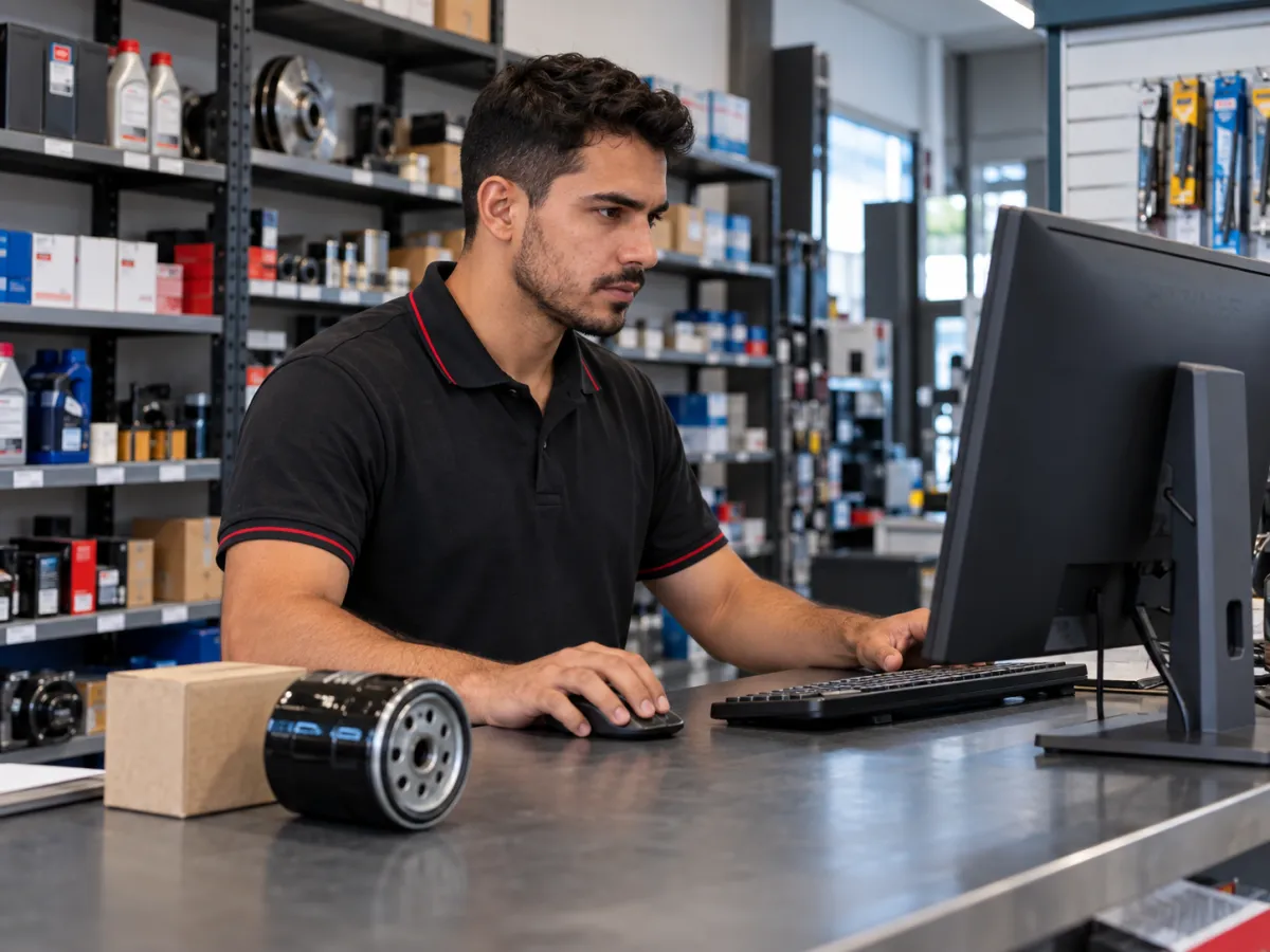 balconista realizando uma pesquisa de peça no computador