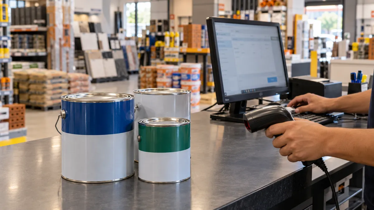 Pintura em latas de diferentes cores em uma loja de materiais para construção, com um atendente usando leitor de código de barras no caixa e computador ao fundo.
