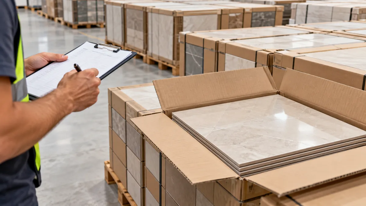 Em um armazém, um funcionário preenche um checklist em prancheta enquanto observa caixas e placas de materiais armazenadas sobre pallets, em processo de conferência de carga.