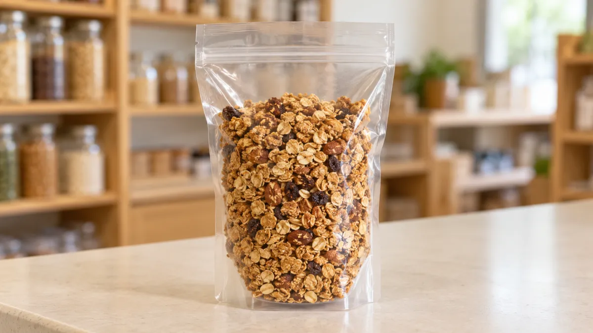 Saco plástico transparente com granola artesanal dourada em grãos, sobre bancada clara, ao fundo com prateleiras de armazenamento em ambiente de cozinha.