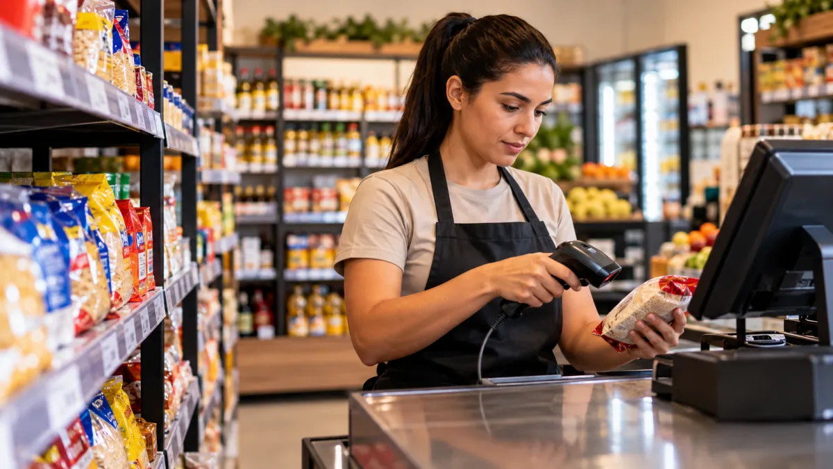 Operadora utilizando leitor de código de barras para conferir produto no sistema PDV de um mercadinho.