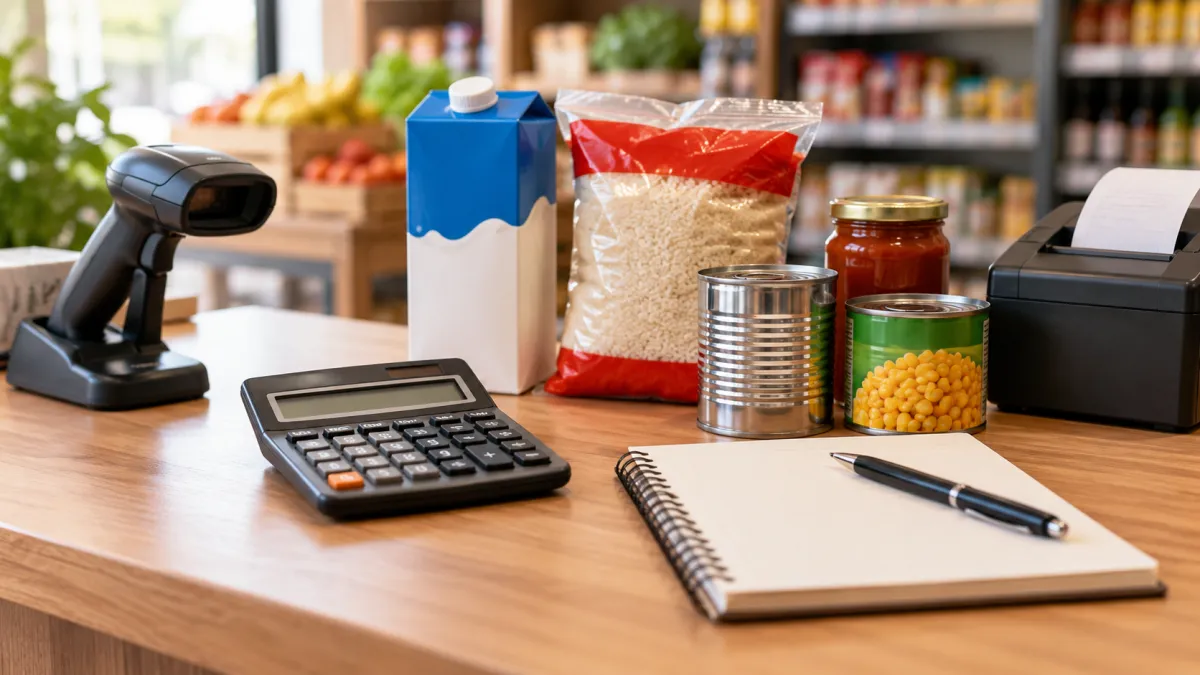 Calculadora e produtos de mercearia sobre um balcão utilizados para analisar custos e margens de venda.