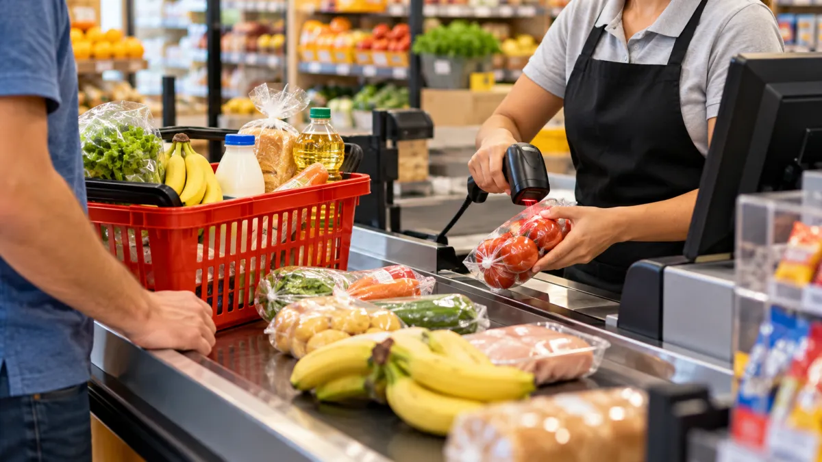 Operadora de caixa utilizando leitor de código de barras para registrar produtos vendidos em um mercadinho.