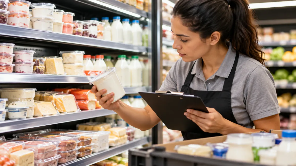 Funcionária de mercado conferindo embalagens de laticínios refrigerados para acompanhar o prazo de validade.