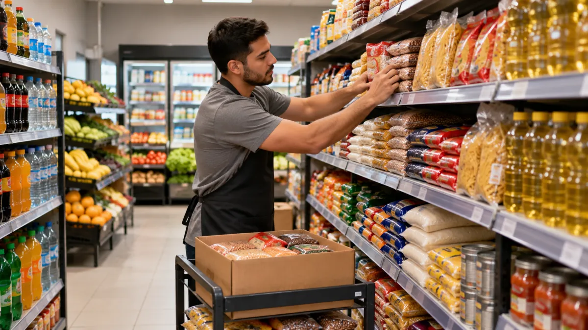Funcionário organizando pacotes de alimentos nas prateleiras de um mercadinho para controlar a reposição do estoque.