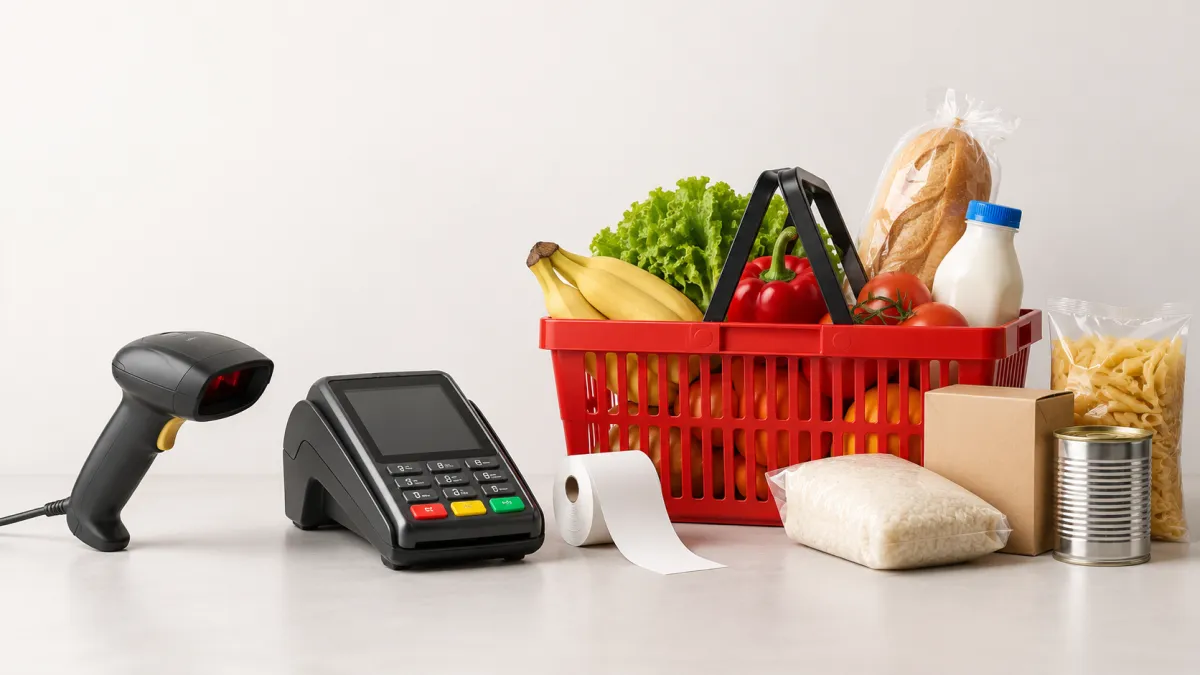 Cesta com produtos de supermercado ao lado de leitor de código de barras e terminal de pagamento.