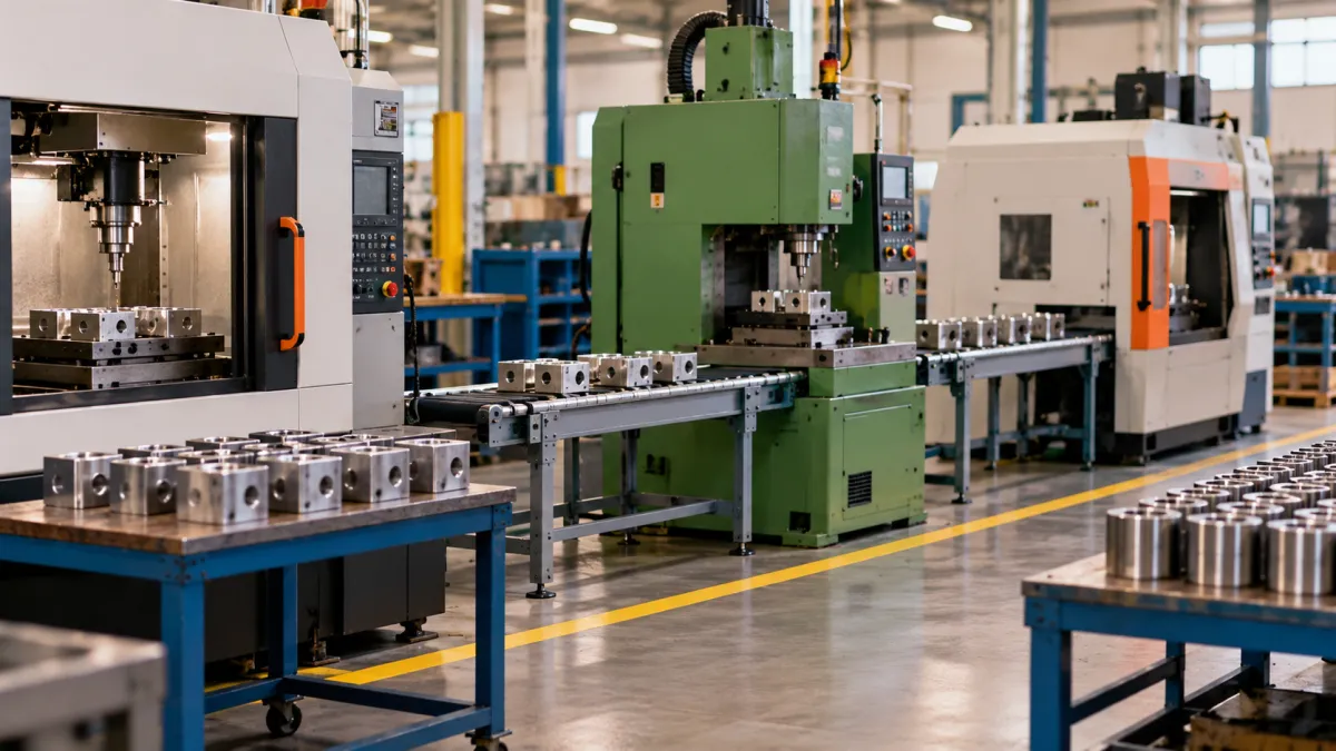 Linha de produção industrial com máquinas CNC
