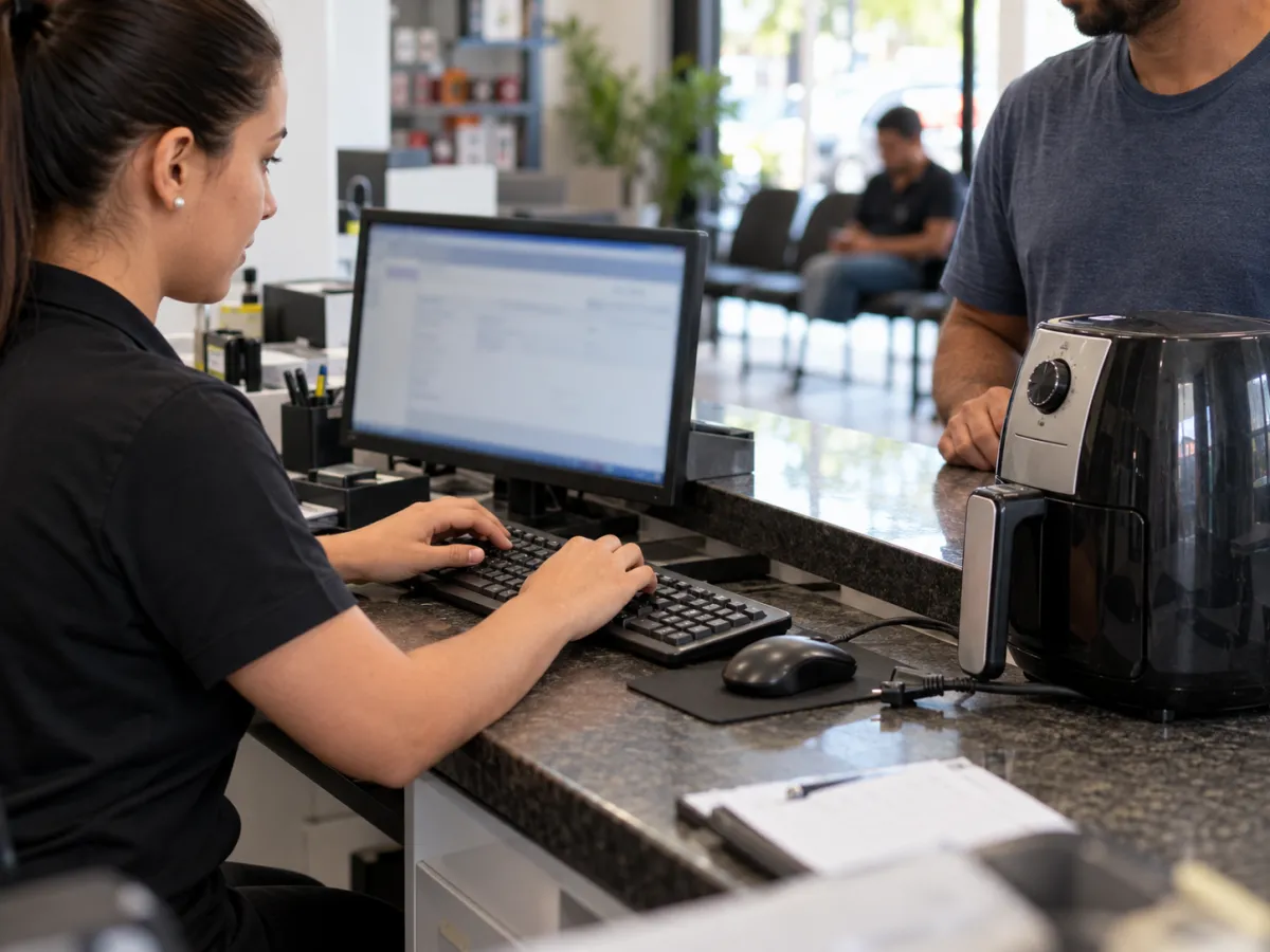 Atendente registrando serviço no computador