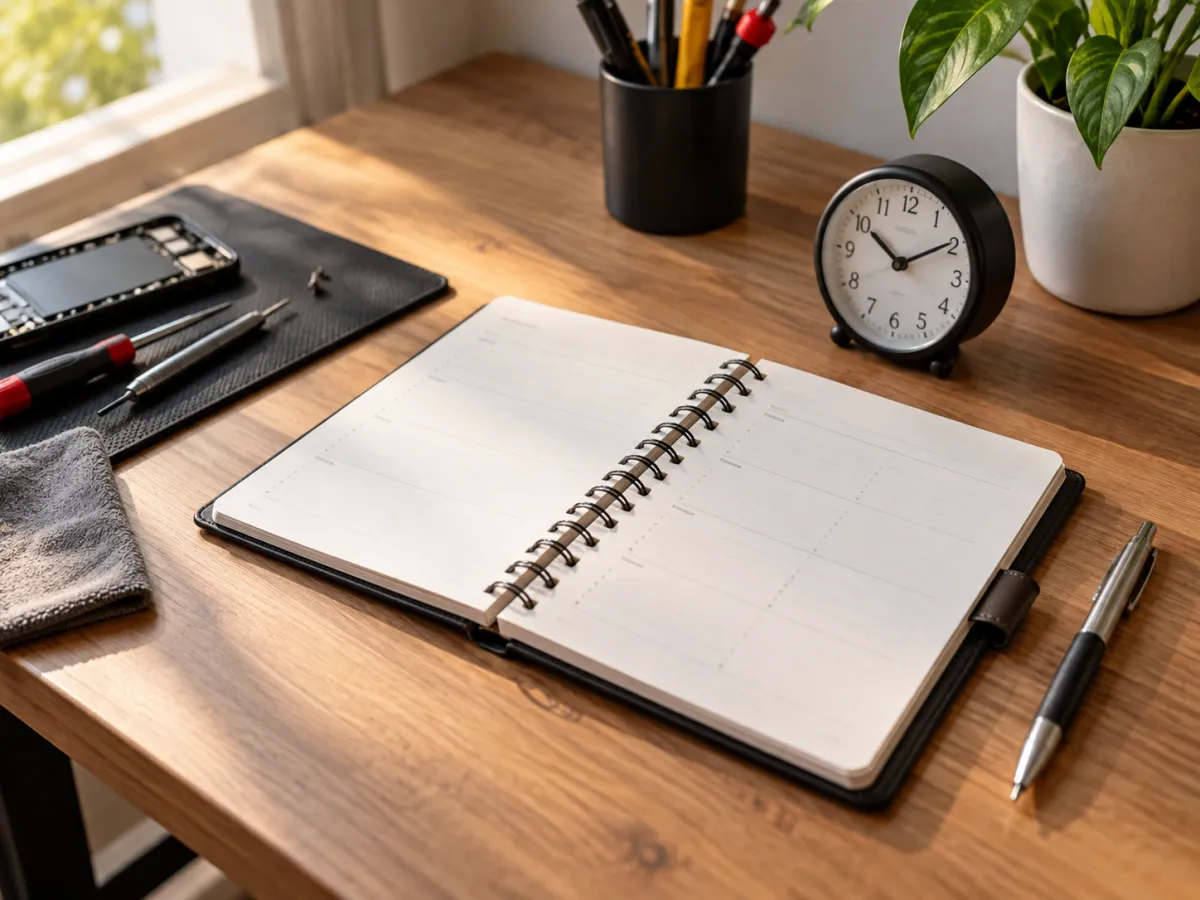 Agenda e relógio sobre a mesa