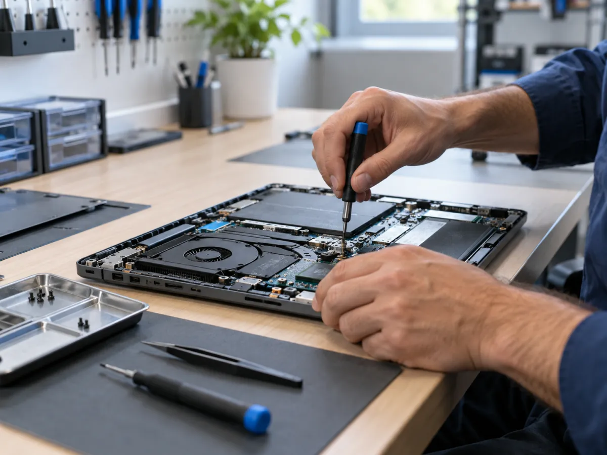 Técnico realizando manutenção em notebook