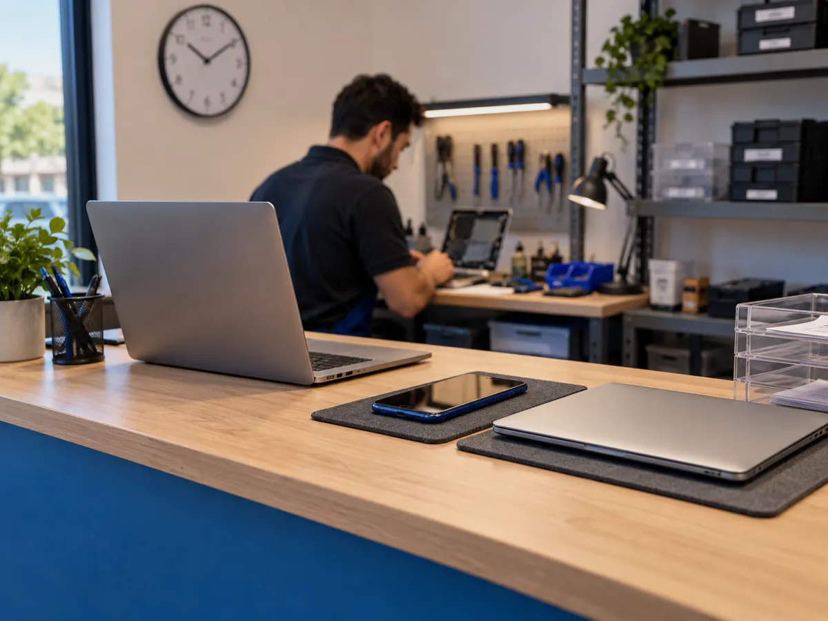 Bancada com equipamentos e notebook
